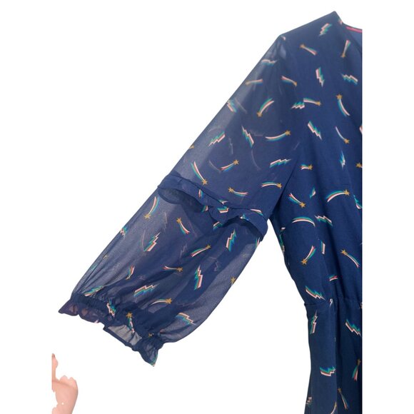 Boden Rainbow Novelty Midi Dress Womens 12 Blue Tassel Tie Shooting Star Modest - Picture 14 of 16